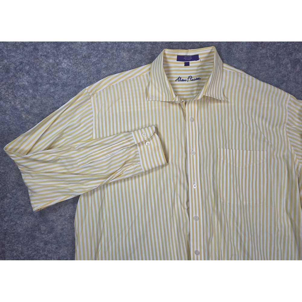 Alan Flusser Mens XL Yellow White Striped Long Sleeve Button Down Cotton Shirt